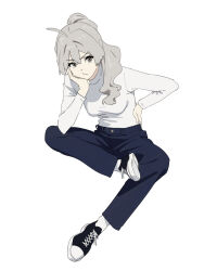 Rule 34 | 1girl, ahoge, black pants, breasts, commentary, crossed legs, full body, grey eyes, grey hair, hand on own hip, head rest, highres, invisible chair, kamo kamen, medium breasts, original, pale skin, pants, ponytail, shoes, simple background, sitting, sneakers, solo, turtleneck, white background