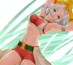 Rule 34 | 1girl, ahoge, armlet, armpits, breasts, cleavage, dragon quest, dragon quest x, dutch angle, earrings, gloves, green eyes, jewelry, kosuga kumi, lips, looking at viewer, medium breasts, midriff, necklace, parted lips, red shorts, riin (dq), riin (dq10), short hair, shorts, silver hair, solo, square enix, stomach, yellow gloves