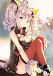 Rule 34 | 1girl, bare shoulders, blunt bangs, blurry, blurry background, breasts, cleavage, cleavage cutout, closed mouth, clothing cutout, commentary request, hair ornament, hairclip, highres, kaguya luna, large breasts, looking at viewer, obi, pink hair, purple eyes, red thighhighs, sash, shoes, short hair, sibyl, sitting, smile, solo, the moon studio, thighhighs, twintails, virtual youtuber, wristband