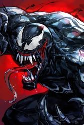 Rule 34 | 1boy, claws, crazy smile, drooling, fangs, hungry clicker, klyntar, long tongue, male focus, marvel, red background, saliva, sharp teeth, smile, solo, symbiote, teeth, tongue, venom (marvel)