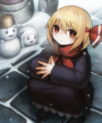 Rule 34 | 1girl, blonde hair, hair ribbon, highres, long sleeves, looking at viewer, red eyes, ribbon, rumia, snow, solo, spark621, touhou, winter clothes