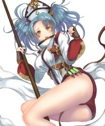 Rule 34 | 10s, 1girl, ass, belt, blue hair, breasts, brown gloves, gloves, granblue fantasy, hat, large breasts, long hair, long sleeves, looking at viewer, open mouth, partially fingerless gloves, simple background, solo, sophia (granblue fantasy), staff, teeth, twintails, uro (uro zi), white background, yellow eyes