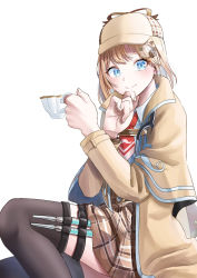 Rule 34 | 1girl, aboreen, blonde hair, blue eyes, capelet, collared shirt, cup, finger to own chin, highres, holding, holding cup, hololive, hololive english, light blush, looking to the side, necktie, plaid, plaid skirt, red necktie, shirt, short necktie, skirt, smile, solo, syringe, teacup, thigh strap, thighhighs, virtual youtuber, watson amelia, watson amelia (1st costume), white background