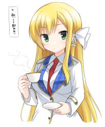 1girl :&lt; between_breasts blonde_hair blue_collar blush bow breasts closed_mouth collar collared_shirt commentary cup frown green_eyes hair_bow hair_ribbon hands_up highres holding holding_cup holding_plate jacket kanemoto_akari large_breasts long_hair long_sleeves looking_at_viewer necktie necktie_between_breasts noble_works plaid_clothes plaid_collar plate red_necktie ribbon school_uniform shirt simple_background single_sidelock solo steam straight_hair sweatdrop takepoison teacup translated tress_ribbon upper_body very_long_hair white_background white_bow white_jacket white_ribbon white_shirt