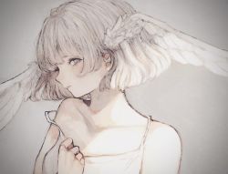 Rule 34 | 1girl, angel, angel wings, blush, bob cut, dress, hand on own chest, head wings, highres, looking at viewer, orie h, original, simple background, solo, strap slip, white background, white dress, white eyes, white hair, white theme, wing ears, wings