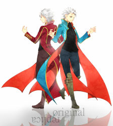 Rule 34 | 2boys, blue eyes, blue jacket, boots, capcom, devil may cry (series), dual persona, haine (howling), jacket, long coat, male focus, multiple boys, palette swap, red jacket, short hair, vergil (devil may cry), white hair
