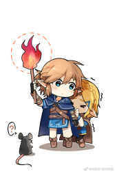 Rule 34 | &gt; &lt;, 1boy, 1girl, ?, arm up, black cape, black gloves, black pants, blonde hair, blouse, blue cape, blue eyes, blue shirt, blue tunic, blush, boots, braid, brown footwear, brown hair, cape, chibi, chinese commentary, closed eyes, commentary request, crown braid, earrings, fenghu (huli), fingerless gloves, full body, gloves, half updo, holding, holding torch, hood, hooded cape, jewelry, link, long sleeves, looking at another, mouse (animal), nintendo, pants, pointy ears, princess zelda, shadow, shirt, short hair, short sleeves, sidelocks, simple background, spoken question mark, standing, the legend of zelda, the legend of zelda: breath of the wild, the legend of zelda: tears of the kingdom, torch, trembling, tunic, vambraces, weibo logo, weibo watermark, white background, white pants