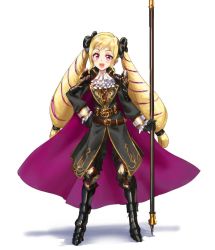 Rule 34 | 1girl, armored boots, athenawyrm, belt, black bow, black footwear, black gloves, blonde hair, boots, bow, camus, camus (cosplay), cape, cosplay, ascot, elise (fire emblem), fire emblem, fire emblem: mystery of the emblem, fire emblem fates, fire emblem heroes, gloves, hair bow, hand on own hip, long hair, long sleeves, multicolored hair, nintendo, open mouth, polearm, purple eyes, purple hair, simple background, solo, twintails, weapon, white background
