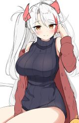 Rule 34 | 1girl, absurdres, azur lane, black sweater, blush, breasts, brown eyes, brown jacket, closed mouth, commentary request, hair between eyes, hand up, headgear, highres, jacket, large breasts, long hair, long sleeves, looking at viewer, moyoron, multicolored hair, off shoulder, open clothes, open jacket, parted bangs, prinz eugen (azur lane), red hair, simple background, sitting, sleeveless, sleeveless sweater, sleeveless turtleneck, smile, solo, streaked hair, sweater, turtleneck, turtleneck sweater, two side up, very long hair, white background, white hair