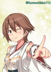 Rule 34 | 1girl, brown hair, commentary request, detached sleeves, flipped hair, grey eyes, hiei (kancolle), highres, index finger raised, japanese clothes, kantai collection, kurano kisuke, one-hour drawing challenge, one eye closed, ribbon-trimmed sleeves, ribbon trim, short hair, smile, solo, twitter username, upper body, white background