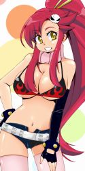 Rule 34 | 00s, 1girl, asymmetrical clothes, belt, bikini, bikini top only, breasts, cleavage, elbow gloves, fingerless gloves, gloves, grin, hair ornament, large breasts, long hair, long image, midriff, momo (fruits box), navel, pink thighhighs, polka dot, polka dot background, ponytail, red hair, scarf, short shorts, shorts, simple background, smile, solo, striped clothes, striped scarf, studded belt, studded bracelet, swimsuit, tall image, tengen toppa gurren lagann, thighhighs, underboob, white background, yellow eyes, yoko littner