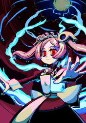 Rule 34 | 1girl, apron, black nails, bloody marie (skullgirls), cowboy shot, expressionless, frills, gem, glowing, glowing eyes, grey hair, hair ornament, kuroirozuki, looking at viewer, maid, maid apron, maid headdress, nail polish, outstretched arms, parted bangs, red eyes, short twintails, skull hair ornament, skullgirls, solo, twintails