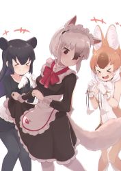 Rule 34 | &gt; &lt;, +++, afterimage, alternate costume, animal ears, anteater ears, anteater tail, apron, bare shoulders, black dress, black hair, black legwear, black shirt, bow, bowtie, clenched hands, commentary request, dhole (kemono friends), dog ears, dress, enmaided, extra ears, fang, gloves, hair between eyes, japari symbol, kemono friends, kemono friends 3, light brown hair, light brown legwear, long hair, long sleeves, maid, maid apron, maid headdress, malayan tapir (kemono friends), multicolored clothes, multicolored hair, multicolored legwear, note (suzu note000), open mouth, pantyhose, red neckwear, shirt, short hair, sleeve cuffs, sleeveless, southern tamandua (kemono friends), tapir ears, white apron, white gloves, white hair, white legwear, white neckwear
