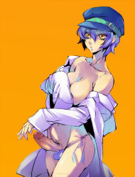 Rule 34 | 1girl, atlus, blue hair, breast hold, breasts, cabbie hat, covering privates, covering breasts, female pubic hair, futanari, hat, panties, penis, persona, persona 4, pubic hair, shirogane naoto, short hair, side-tie panties, solo, uncensored, underwear, yamada 3