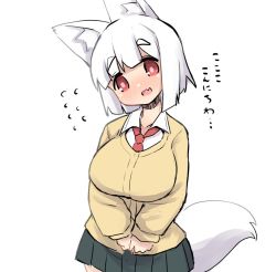 Rule 34 | 1girl, :d, animal ear fluff, animal ears, blush, breasts, brown cardigan, cardigan, collarbone, collared shirt, commentary request, fang, flying sweatdrops, fox ears, fox girl, fox tail, green skirt, head tilt, large breasts, long sleeves, nose blush, open mouth, original, pleated skirt, red eyes, red neckwear, shirt, short eyebrows, short hair, simple background, skirt, sleeves past wrists, smile, solo, tail, thick eyebrows, translated, u-non (annon&#039;an), white background, white hair, white shirt