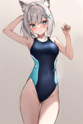 Rule 34 | 1girl, animal ears, arm behind head, armpits, blue archive, blush, brown background, competition swimsuit, cross hair ornament, gradient background, grey hair, hair ornament, highres, looking at viewer, marisasu (marisa0904), official alternate costume, one-piece swimsuit, shiroko (blue archive), shiroko (swimsuit) (blue archive), short hair, solo, standing, swimsuit, thigh gap, thighs
