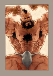 Rule 34 | 1boy, abs, against glass, bad id, bad pixiv id, bara, beard, bulge, chest hair, facial hair, from below, fundoshi, grin, head tilt, japanese clothes, large pectorals, looking at viewer, male focus, male underwear, mature male, mohawk, muscular, muscular male, navel, nipples, old, old man, pectorals, rumlockerart, scar, scar on arm, scar on leg, short hair, smile, solo, stomach, street fighter, thick thighs, thighs, underwear, underwear only, white male underwear, wrinkled skin, zangief