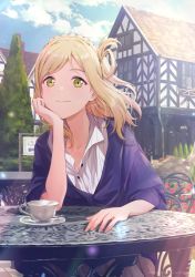 Rule 34 | 1girl, birthday, blonde hair, braid, chair, closed mouth, cloud, cloudy sky, commentary, crown braid, cup, dated, hair rings, highres, house, looking at viewer, love live!, love live! sunshine!!, medium hair, ohara mari, outdoors, see-through, shamakho, short sleeves, sidelocks, signature, sitting, sky, smile, solo, table, teacup, yellow eyes