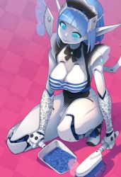 Rule 34 | 1girl, black bow, blue eyes, blue hair, blunt bangs, blush, bow, breasts, cleaning, cleavage, female focus, freckles, head tilt, kneeling, large breasts, light particles, looking down, maid, mecha musume, mechanical arms, mechanical legs, mechanical wings, original, smile, solo, wings, xaxaxa