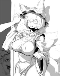 Rule 34 | 2girls, angry, blush, breasts, covered erect nipples, closed eyes, female focus, flying sweatdrops, fox tail, greyscale, holding hands, hat, large breasts, monochrome, multiple girls, multiple tails, peeking out, short hair, sketch, spacezin, sweatdrop, tail, touhou, wide sleeves, yakumo ran, yakumo yukari