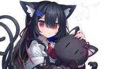 Rule 34 | 1girl, animal ear fluff, animal ears, black hair, black jacket, blue hair, cat ears, cat girl, cat hair ornament, cat tail, chisuzu mei, chucolala, closed mouth, collared shirt, commentary request, dated, gunjou row, hair between eyes, hair ornament, hairclip, holding, holding stuffed toy, jacket, looking at viewer, multiple tails, nail polish, red eyes, red nails, shirt, signature, simple background, solo, stuffed animal, stuffed cat, stuffed toy, tail, two tails, upper body, virtual youtuber, white background, white shirt