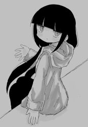 Rule 34 | 1girl, absurdres, black hair, black thighhighs, blunt bangs, closed mouth, expressionless, grey background, hand up, highres, hood, hoodie, inabakumori, kennin5, long hair, looking at viewer, low twintails, monochrome, osage (nukunuku nigirimeshi), sitting, solo, thighhighs, twintails