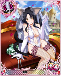 Rule 34 | 1girl, animal ears, bishop (chess), black hair, bouquet, breasts, bridal veil, card (medium), cat ears, cat tail, character name, chess piece, cleavage, elbow gloves, flower, gloves, hair rings, hairband, high heels, high school dxd, high school dxd infinity, kuroka (high school dxd), lace, lace-trimmed legwear, lace trim, large breasts, lipstick, makeup, multiple tails, navel, official art, purple lips, shoes, sitting, smile, solo, tail, trading card, veil, white footwear, white gloves, yellow eyes