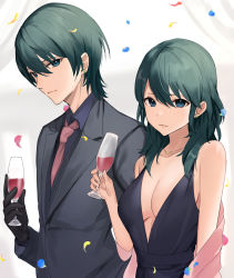 Rule 34 | 1boy, 1girl, alternate costume, bare shoulders, black dress, black gloves, black shirt, black suit, blue eyes, blue hair, breasts, byleth (female) (fire emblem), byleth (fire emblem), byleth (male) (fire emblem), cleavage, closed mouth, collarbone, collared shirt, commentary, confetti, cup, dress, drink, drinking glass, ear piercing, fire emblem, fire emblem: three houses, formal, gloves, hair between eyes, haru (nakajou-28), highres, holding, holding cup, long hair, looking at viewer, medium breasts, necktie, nintendo, piercing, pink necktie, shawl, shirt, short hair, sleeveless, sleeveless dress, suit, symbol-only commentary, upper body, white background