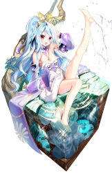 Rule 34 | 1girl, :d, axe, bare legs, bare shoulders, barefoot, blue hair, braid, breasts, commentary request, copyright request, cross, cross-section, cross necklace, dress, feet, fur-trimmed dress, fur trim, hair between eyes, high ponytail, highres, jewelry, leg up, long hair, multicolored hair, necklace, open mouth, pink hair, ponytail, puffy short sleeves, puffy sleeves, purple sleeves, red eyes, short sleeves, sitting, sleeveless, sleeveless dress, sleeves past wrists, small breasts, smile, soaking feet, soles, solo, sparkle, streaked hair, very long hair, water, white dress, youta