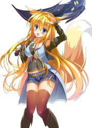 Rule 34 | 1girl, :d, absurdres, animal ears, arm up, axe, black shirt, black thighhighs, blonde hair, blue eyes, blue shorts, breasts, cleavage, fang, floating hair, fox ears, fox tail, hair between eyes, highres, holding, holding weapon, jewelry, kasumi toshizou, long hair, looking at viewer, medium breasts, necklace, open mouth, original, shiny clothes, shirt, short shorts, shorts, smile, solo, standing, tail, takataka, thighhighs, transparent background, very long hair, weapon