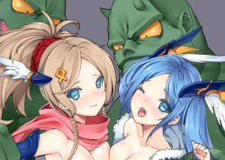 Rule 34 | 2girls, ;o, ;p, asymmetrical docking, bad id, bad pixiv id, bald, blonde hair, blue eyes, blue hair, blush, braid, breast press, breasts, breasts out, clenched teeth, collarbone, colored sclera, idunn &amp; idunna, long hair, looking at viewer, monster, multiple girls, one eye closed, open mouth, orc, out-of-frame censoring, parted lips, puzzle &amp; dragons, saliva, sidelocks, size difference, tama (tamatamo), tears, teeth, tongue, tongue out, twin braids, upper body, wince, wink, yellow sclera