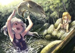Rule 34 | 2girls, :d, :o, alternate costume, bionekojita, black bra, blonde hair, bloomers, blue eyes, bra, day, fish, fishing, fishing line, forest, hands up, kawashiro nitori, key, kirisame marisa, long hair, looking at another, looking up, multiple girls, nature, no headwear, one-piece swimsuit, open mouth, outdoors, rock, short hair, silver hair, sitting, sitting on rock, smile, swimsuit, teeth, touhou, two side up, underwear, underwear only, water drop, wet, wet hair, yellow eyes