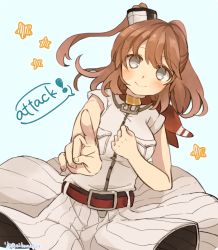 Rule 34 | 10s, 1girl, anchor, belt, blue eyes, blush, breast pocket, breasts, brown hair, buttons, cowboy shot, dress, english text, grey eyes, hair between eyes, hair ornament, ina (1813576), kantai collection, large breasts, long hair, looking at viewer, neckerchief, pocket, pointing, pointing at viewer, ponytail, red neckerchief, saratoga (kancolle), side ponytail, sidelocks, simple background, smile, smokestack, solo, star (symbol), twitter username, white dress