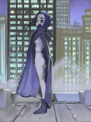 Rule 34 | 1girl, ankle boots, boots, building, cape, city, colored skin, dc comics, forehead jewel, from side, full body, grey skin, kaze fukeba nanashi, looking at viewer, looking to the side, naked cape, night, outdoors, parted bangs, purple cape, purple footwear, purple hair, raven (dc), rooftop, short hair, sky, solo, standing, star (sky), star (symbol), starry sky, teen titans