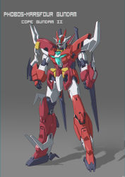 Rule 34 | absurdres, aqua eyes, character name, chinese commentary, clenched hands, clotho matcha, commentary, english commentary, grey background, gundam, gundam build divers, gundam build divers re:rise, gunpla, highres, marsfour gundam, mecha, mixed-language commentary, model kit, no humans, original, redesign, robot, solo, standing, v-fin