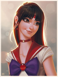 Rule 34 | 1girl, arms at sides, artist name, bare arms, bishoujo senshi sailor moon, black hair, blurry, bokeh, bow, bowtie, brown eyes, choker, closed mouth, commentary, depth of field, earrings, eyelashes, facial mark, female focus, forehead mark, head tilt, highres, hino rei, jewelry, leandro franci, lips, long hair, looking to the side, magical girl, neck, necklace, nose, purple bow, purple bowtie, red bow, red bowtie, red choker, red sailor collar, sailor collar, sailor mars, sailor senshi, school uniform, serafuku, shirt, smile, solo, star (symbol), star earrings, star necklace, super sailor mars, tiara, upper body, white shirt