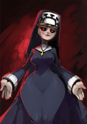 Rule 34 | 1girl, bittenhard, black sclera, blonde hair, breasts, colored sclera, cross, double (skullgirls), glowing, glowing eyes, habit, hat, large breasts, looking at viewer, nun, red eyes, skullgirls, smile, smirk, solo, thick thighs, thighs, traditional nun, wide hips