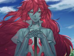 Rule 34 | androgynous, blue sky, cloud, day, elbow gloves, gem, gender request, gloves, houseki no kuni, long hair, looking at viewer, open clothes, open shirt, padparadscha (houseki no kuni), red eyes, red hair, shirt, sky, smile, solo, ultracat