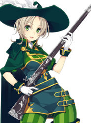Rule 34 | 1girl, belt, boots, cape, contrapposto, cowboy shot, gloves, green eyes, green thighhighs, gun, hat, hat feather, hisho collection, holding, holding weapon, light brown hair, looking at viewer, mmu, musket, official art, open mouth, short hair, silver hair, smile, solo, standing, striped clothes, striped thighhighs, thigh boots, thighhighs, vertical-striped clothes, vertical-striped thighhighs, weapon, white background, white gloves