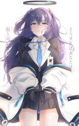 Rule 34 | 1girl, absurdres, black gloves, black halo, black skirt, blue archive, blue eyes, blue necktie, closed mouth, collar, collared shirt, gloves, half gloves, halo, highres, jacket, long hair, looking at viewer, necktie, open clothes, open jacket, purple hair, shirt, simple background, skirt, solo, tears, triangle hair ornament, two side up, white background, white collar, white jacket, white shirt, yoru0409, yuuka (blue archive)