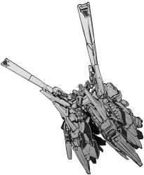 Rule 34 | absurdres, dual wielding, greyscale, gun, gundam, gundam narrative, highres, holding, holding gun, holding weapon, ishiyumi, looking ahead, mecha, monochrome, narrative gundam, narrative gundam a-packs, no humans, robot, science fiction, solo, v-fin, weapon, white background