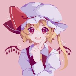 Rule 34 | 1girl, ahiru tokotoko, blonde hair, crystal, flandre scarlet, hat, hat ribbon, highres, index finger raised, looking at viewer, mob cap, one side up, pink background, pixel art, red eyes, red ribbon, ribbon, simple background, solo, touhou, upper body, white hat, wings