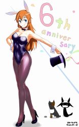 Rule 34 | 1girl, aegis (nerocc), animal ears, anniversary, armpits, bare shoulders, black pantyhose, blue eyes, blush, bow, bowtie, breasts, charlotte e. yeager, cleavage, detached collar, dog, english text, fake animal ears, female focus, hand on own hip, hat, high heels, highres, holding, large breasts, legs, leotard, long hair, looking at another, looking at viewer, miyafuji yoshika, naughty face, object on head, orange hair, panties, panties on head, pantyhose, playboy bunny, rabbit ears, rabbit girl, rabbit tail, shoes, silhouette demon, smile, solo, standing, strike witches, tail, top hat, underwear, world witches series, wrist cuffs