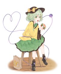 Rule 34 | absurdres, bag, blouse, boots, bow, burger, food, green eyes, green hair, hat, heart, highres, komeiji koishi, mcdonald&#039;s, open mouth, paper bag, resolution mismatch, ribbon, shirt, sitting, socks, solo, source smaller, string, white background, wooden chair, wooden floor, yellow shirt