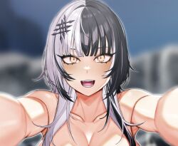 Rule 34 | 1girl, bare shoulders, black hair, blurry, blurry background, breasts, collarbone, hair ornament, handplug, hololive, hololive english, huge breasts, long hair, looking at viewer, multicolored hair, night, night sky, onsen, open mouth, reaching, reaching towards viewer, shiori novella, sky, smile, solo, teeth, tongue, two-tone hair, upper body, virtual youtuber, white hair, yellow eyes