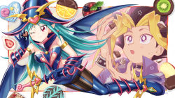 Rule 34 | 1boy, 1girl, bare shoulders, boots, breasts, chocolate, chocolate magician girl, closed mouth, clothing cutout, commentary request, duel monster, dyed bangs, eyelashes, fruit, garter straps, gloves, green hair, hat, heart, highres, holding, holding wand, kiwi (fruit), kiwi slice, koma yoichi, long hair, muto yugi, navel, one eye closed, pantyhose, pointy ears, red eyes, skirt, smile, star (symbol), thigh boots, thighhighs, wand, wings, witch hat, yu-gi-oh!, yu-gi-oh! duel monsters