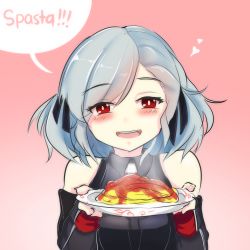 Rule 34 | 1girl, abineko, bare shoulders, blush, collared shirt, commentary, english commentary, eyes visible through hair, food, girls&#039; frontline, gradient background, heart, highres, holding, holding plate, long sleeves, looking at viewer, open mouth, pasta, pink background, plate, pun, red eyes, shirt, silver hair, smile, solo, spas-12 (girls&#039; frontline), speech bubble, upper body