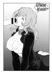 Rule 34 | 1girl, ass, blush, breasts, censored, fellatio, highres, kneeling, large breasts, licking, long hair, lupin iii, mine fujiko, monochrome, no bra, oral, penis, rippadou, saliva, scarf, sweat, tms entertainment, tongue, tongue out, wink