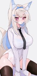Rule 34 | 1girl, absurdres, animal ear fluff, animal ears, bandaid, bandaid hair ornament, black necktie, black thighhighs, blonde hair, blue hair, breasts, collared shirt, colored inner hair, dog ears, dog girl, dog tail, fuwawa abyssgard, hair ornament, hairclip, highres, hololive, hololive english, kneeling, large breasts, long hair, long sleeves, looking at viewer, multicolored hair, necktie, pink eyes, rifufu, shirt, simple background, solo, tail, thighhighs, two-tone hair, virtual youtuber, white background, white shirt