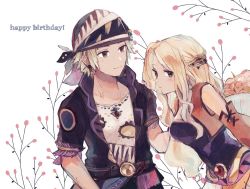 Rule 34 | 1boy, 1girl, amano yoshitaka design, bad id, bad pixiv id, bandana, blonde hair, blue eyes, breasts, brown eyes, brown vest, celes chere, closed mouth, detached sleeves, earrings, final fantasy, final fantasy vi, happy birthday, jewelry, kawasumi (pixiv326156), locke cole, long hair, medium breasts, necklace, open clothes, open vest, short hair, short sleeves, silver hair, smile, vest, white background